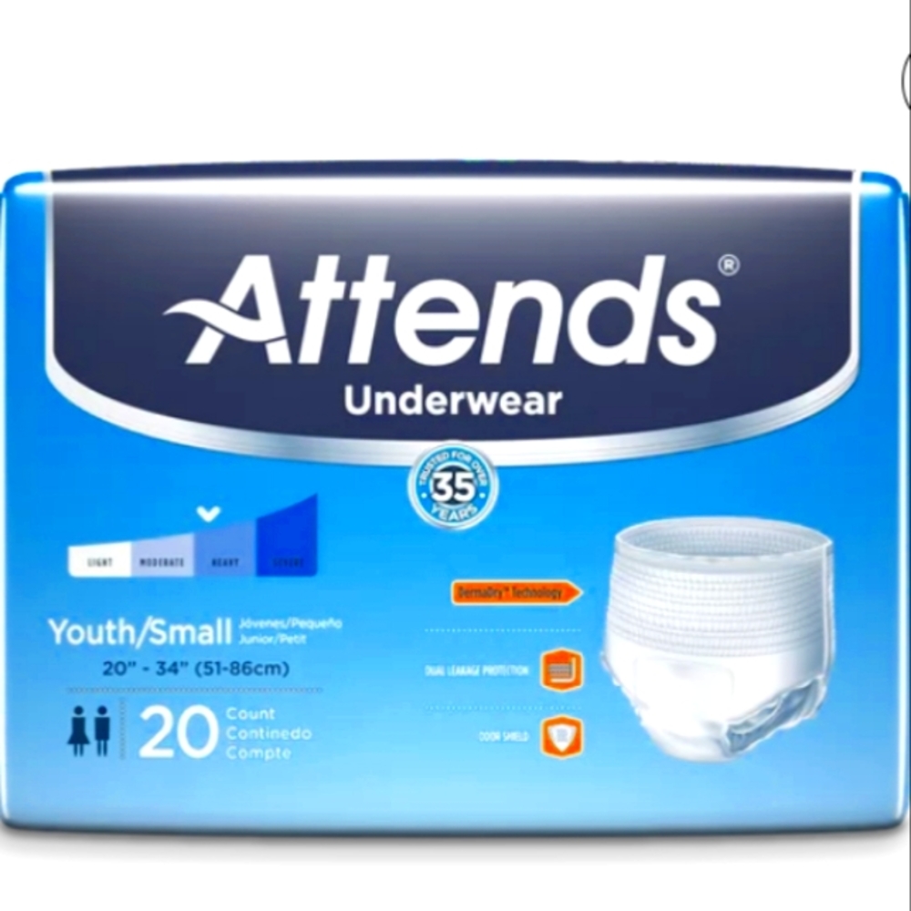 4 Packs of 20 Attends Advanced Disposable Pull On Underwear Youth/Small